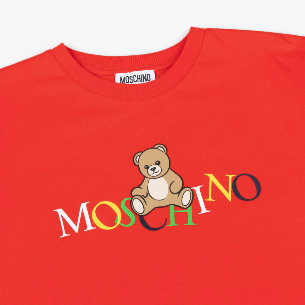 Moschino-Red Cotton Teddy Bear T-Shirt with Colourful Logo | Childrensalon Outlet