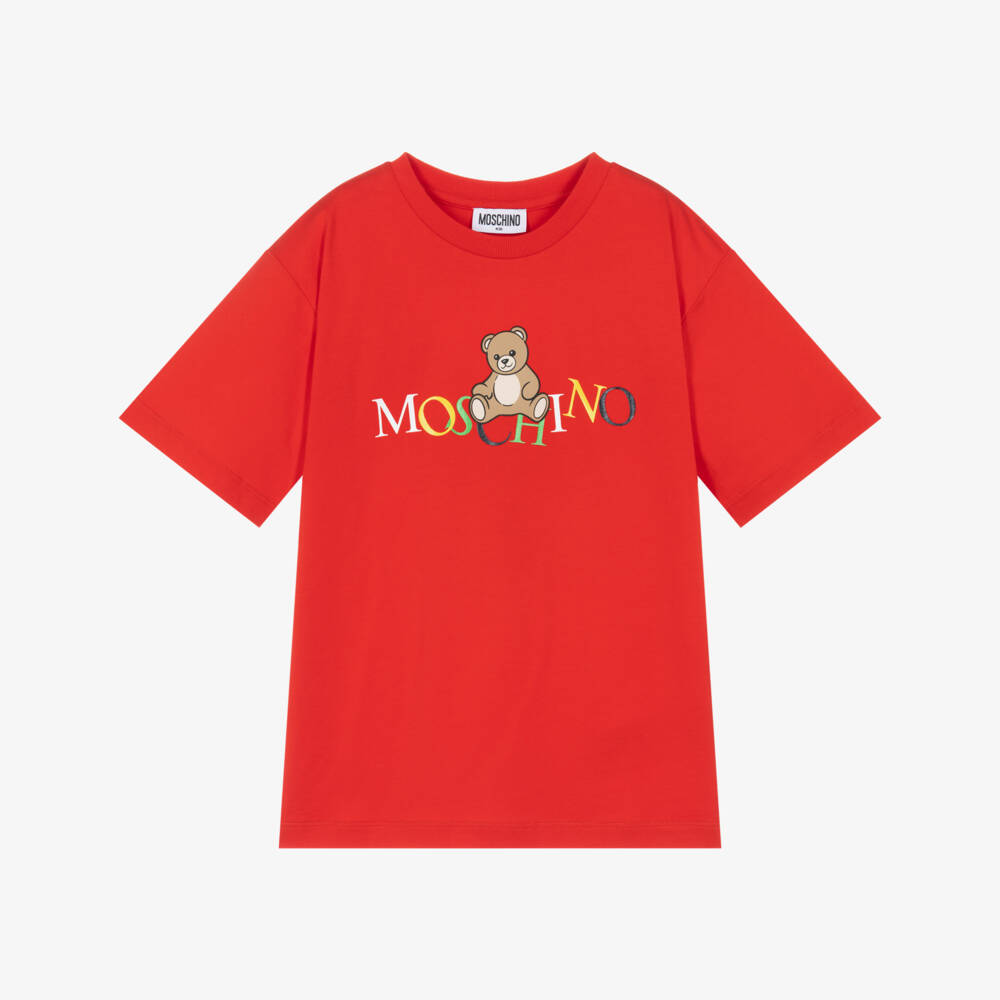 Moschino-Red Cotton Teddy Bear T-Shirt with Colourful Logo | Childrensalon Outlet