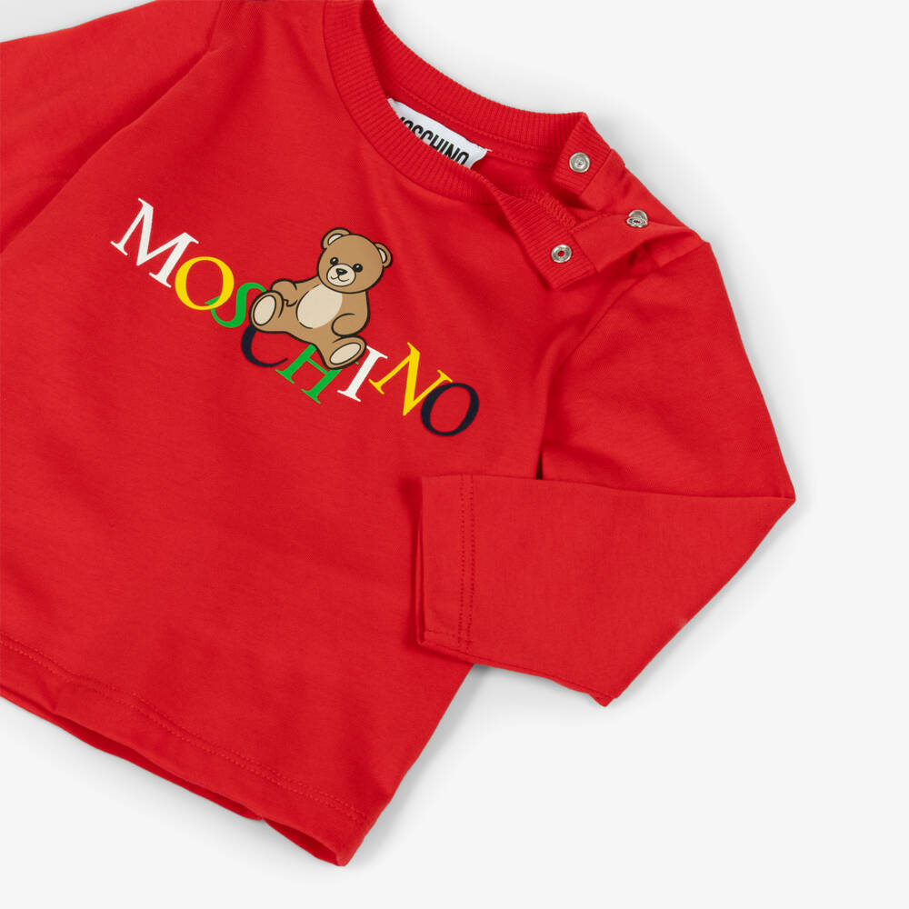 Moschino-Red Cotton Teddy Bear Top with Colourful Logo | Childrensalon Outlet