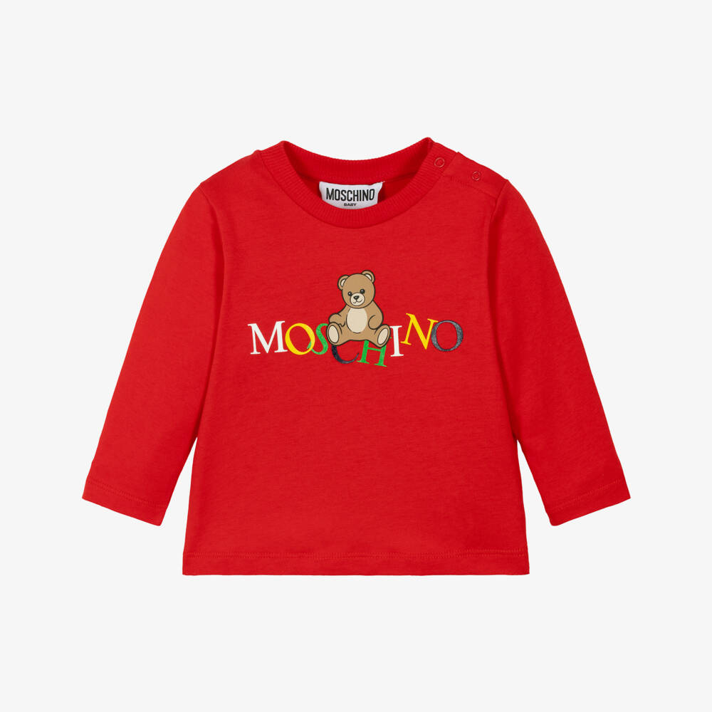 Moschino-Red Cotton Teddy Bear Top with Colourful Logo | Childrensalon Outlet
