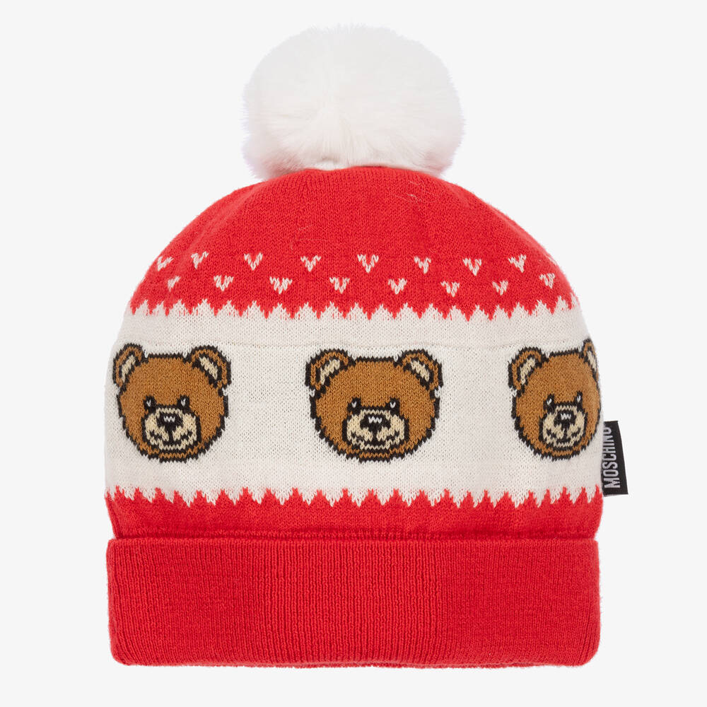 Moschino Baby - Red & Ivory Cotton Knit Teddy Baby Hat | Childrensalon