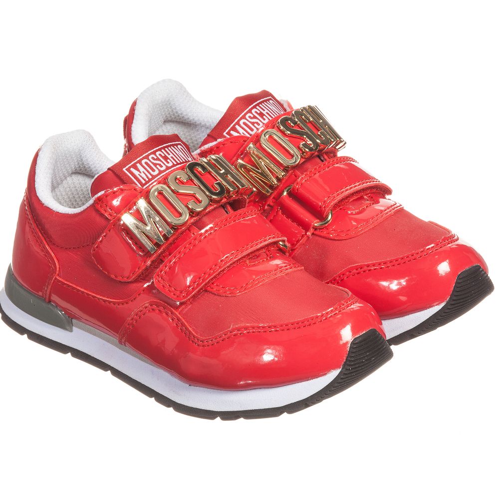 Moschino Kid-Teen - Red Patent Trainers with Gold Logo | Childrensalon