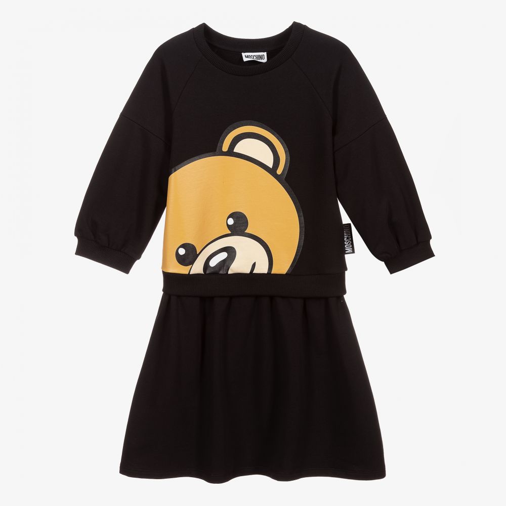 Moschino Kid-Teen - Черное хлопковое платье с медвежонком для подростков | Childrensalon
