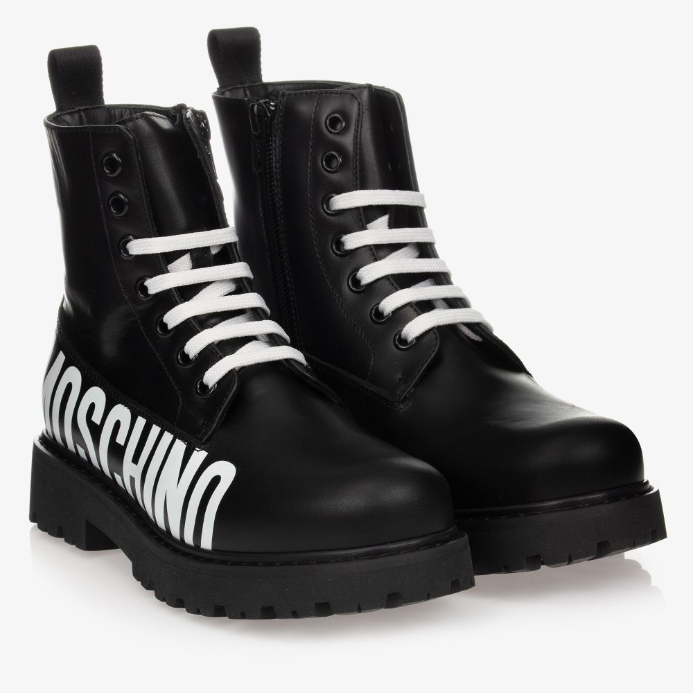Moschino Kid-Teen - Teen Black Leather Logo Boots | Childrensalon