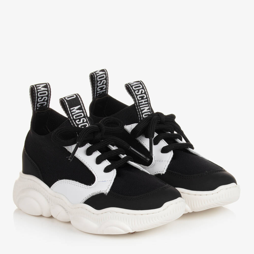 Moschino Kid-Teen - Teen Black & White Leather Trainers | Childrensalon