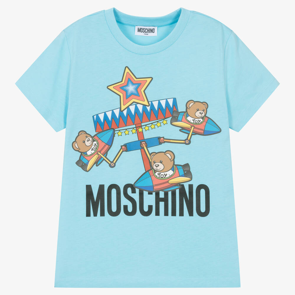 Moschino Kid-Teen - Teen Blue Cotton Fun Fair Teddy Logo T-Shirt | Childrensalon