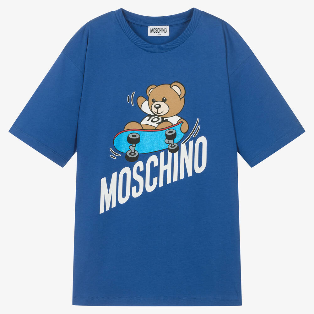 Moschino Kid-Teen - Синяя хлопковая футболка с медвежонком на скейте | Childrensalon