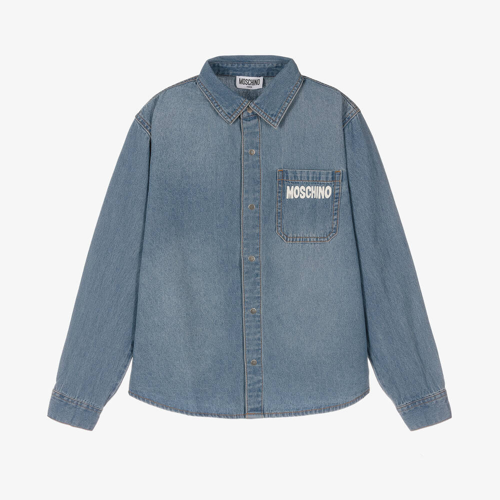 Moschino Kid-Teen - Teen Blue Denim Teddy Bear Logo Shirt | Childrensalon
