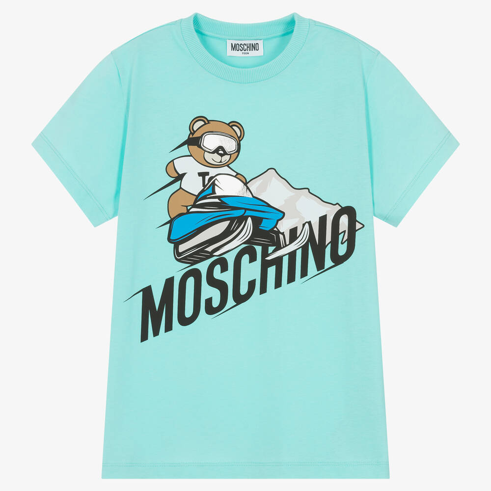 Moschino Kid-Teen - Голубая футболка с медвежонком в горах | Childrensalon