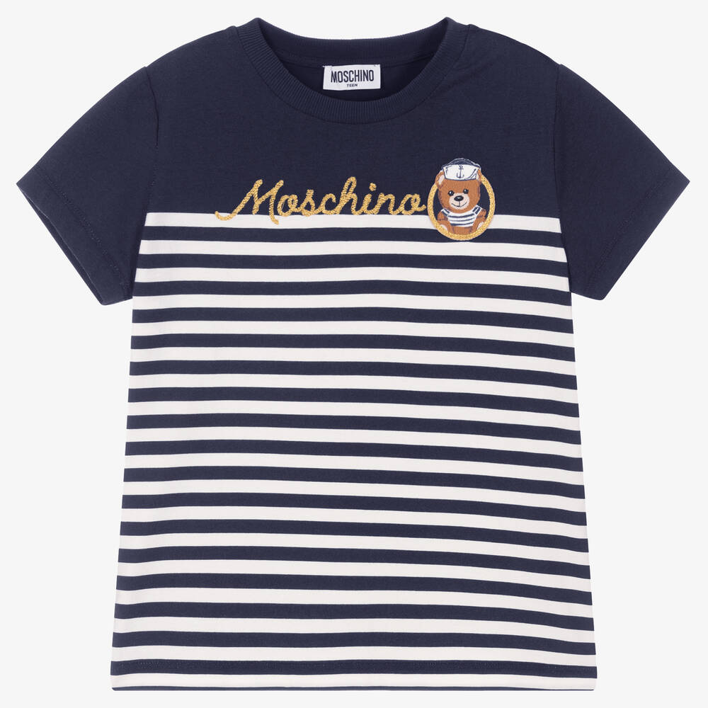 Moschino Kid-Teen - Teen Blue & White Striped Logo T-Shirt | Childrensalon