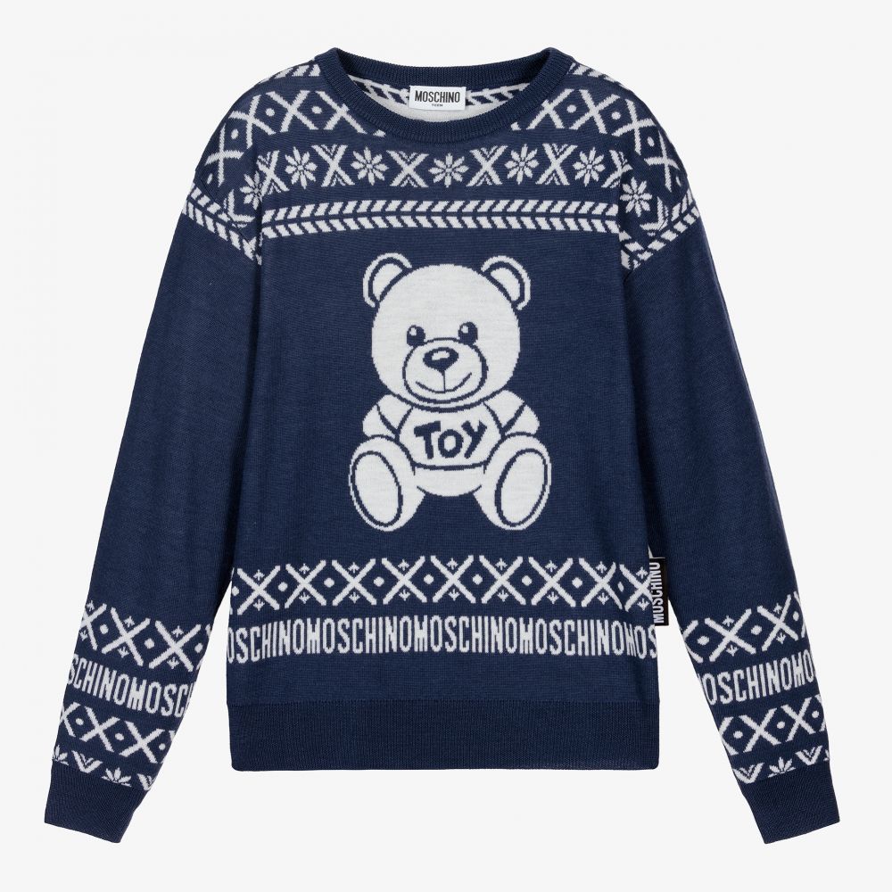 Moschino Kid-Teen - Teen Blue Wool Logo Sweater | Childrensalon