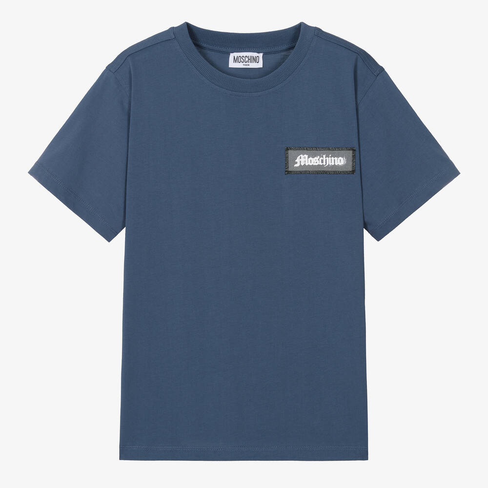 Moschino Kid-Teen - Синяя хлопковая футболка с аппликацией для мальчиков | Childrensalon