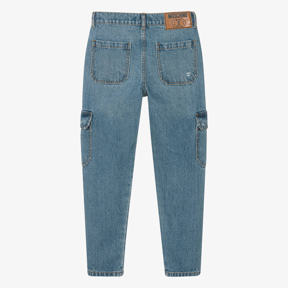 Moschino Teen Boys Blue Distressed Denim Cargo Jeans Childrensalon Outlet