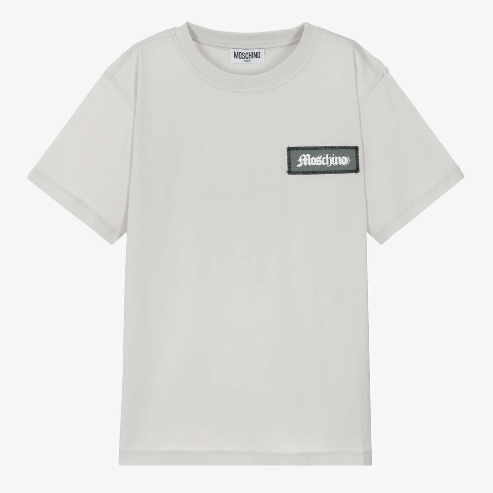 Moschino Kid-Teen - Teen Boys Pale Grey Cotton Patch T-Shirt | Childrensalon