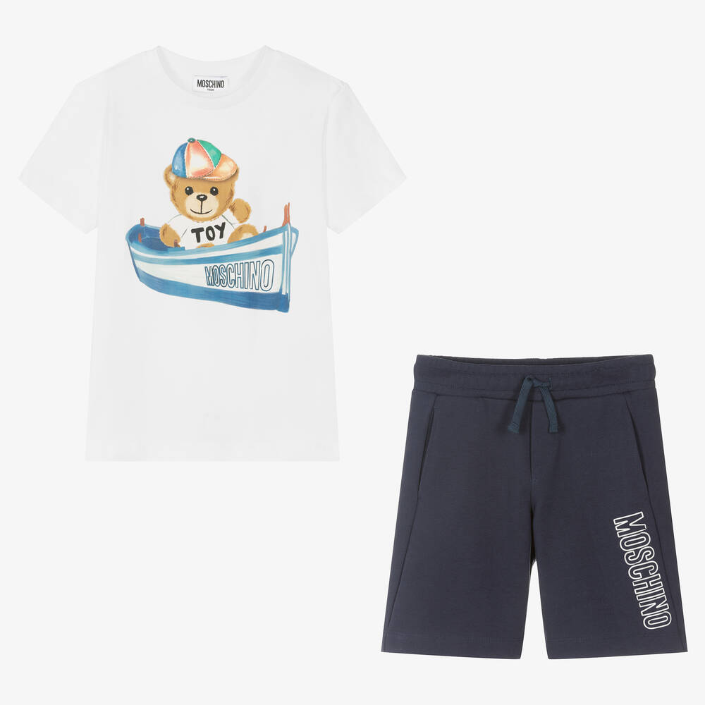 Moschino Kid-Teen - Teen Boys White & Blue Cotton Logo Shorts Set | Childrensalon