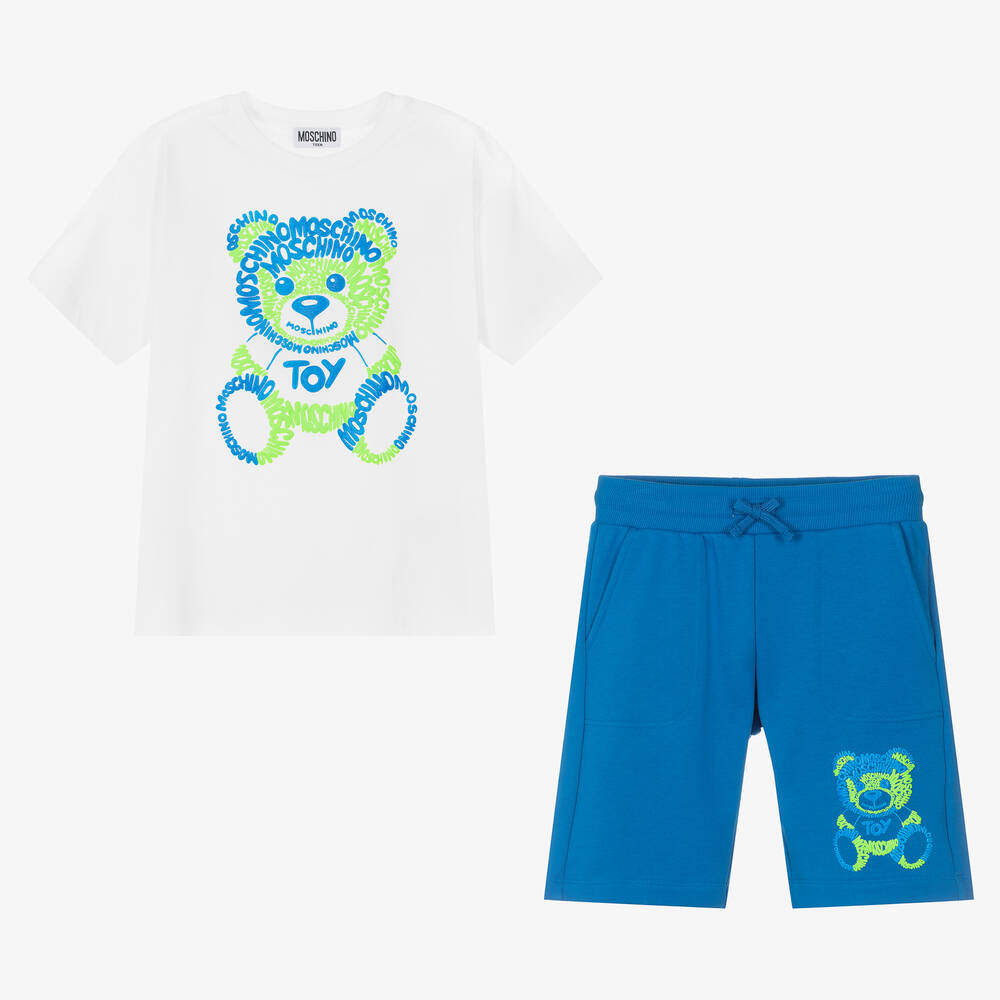 Moschino Kid-Teen - Белая футболка и синие шорты из хлопка | Childrensalon