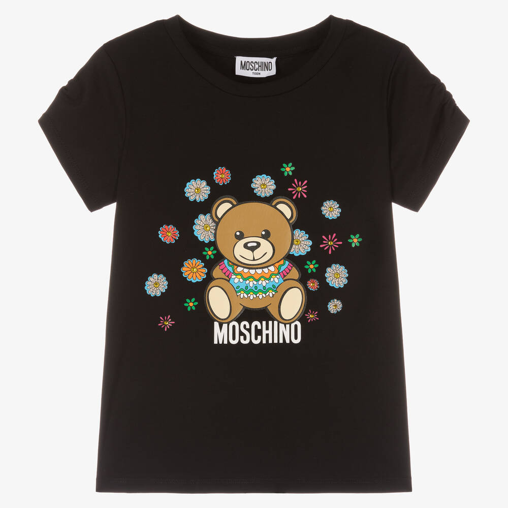 Moschino Kid-Teen - T-shirt noir en coton à fleurs ado | Childrensalon