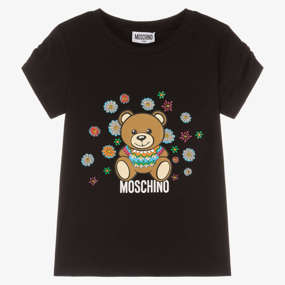 Moschino Kid-Teen-Teen Girls Black Cotton Floral Logo T-Shirt | Childrensalon Outlet