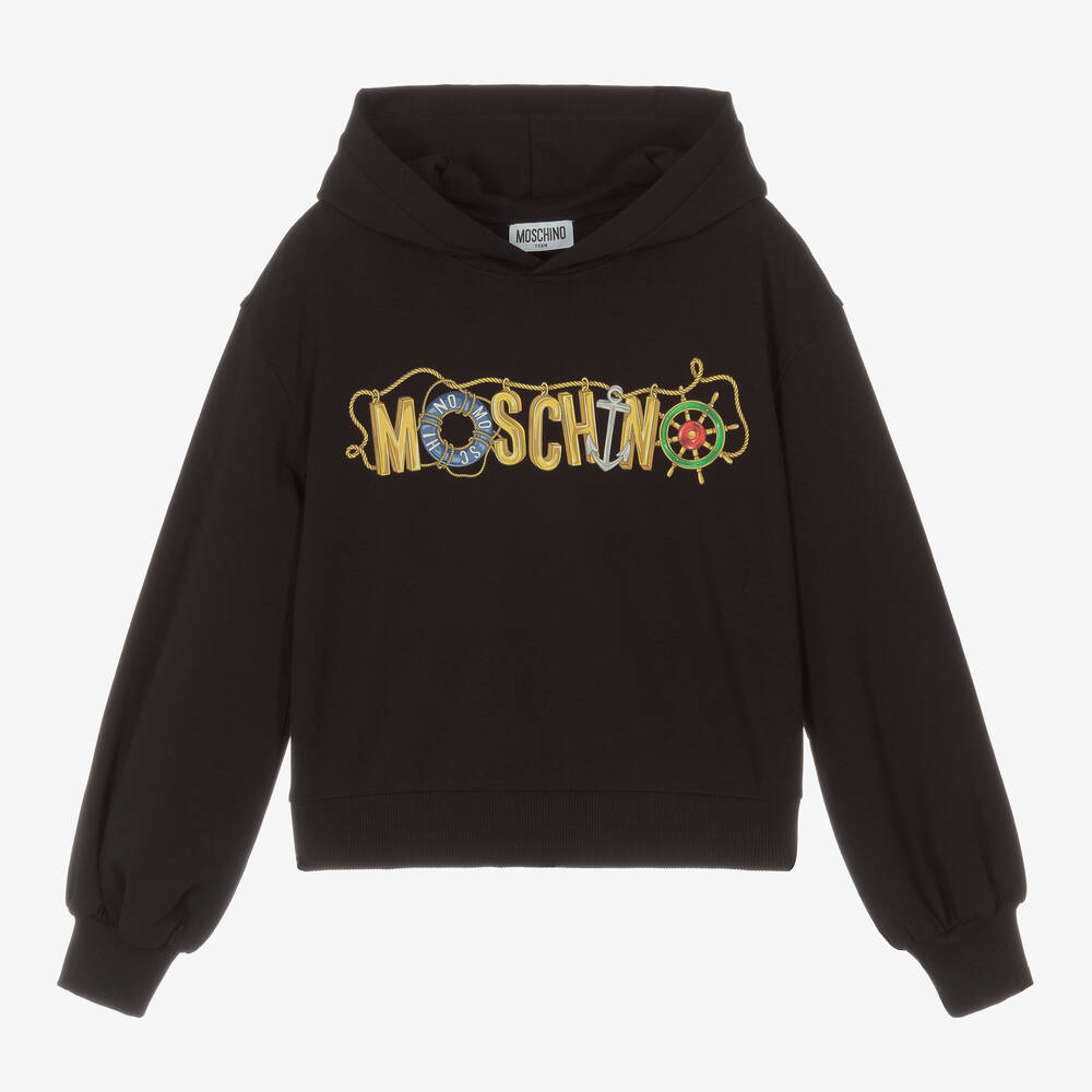 Moschino Kid-Teen - توب هودي تينز بناتي قطن جيرسي لون أسود | Childrensalon