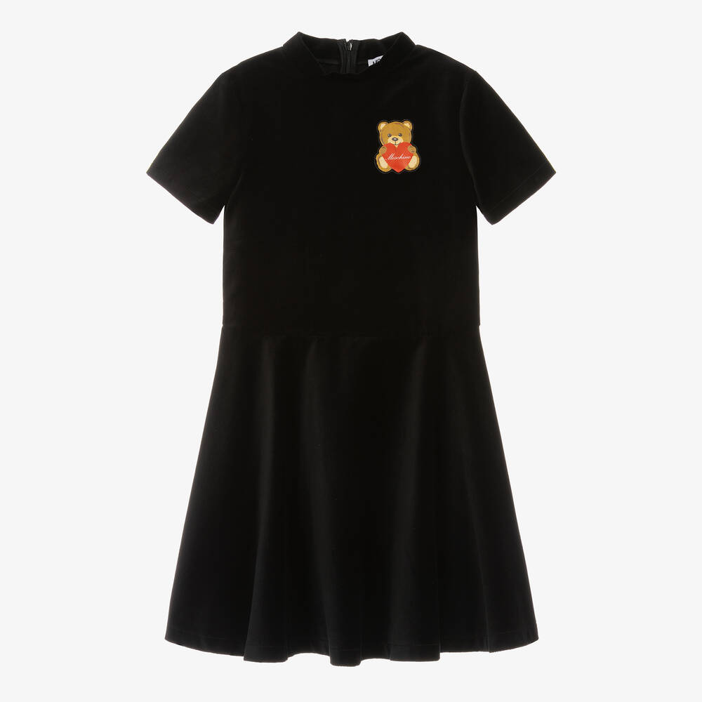 Moschino Kid-Teen - فستان بطبعة تيدي بير قطن مخمل لون أسود تينز بناتي | Childrensalon