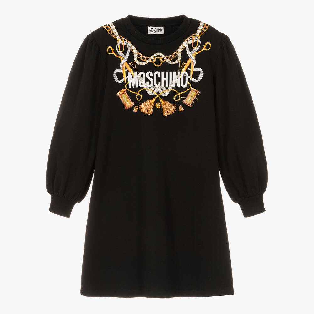 Moschino Kid-Teen - فستان قطن لون أسود وذهبي تينز بناتي | Childrensalon