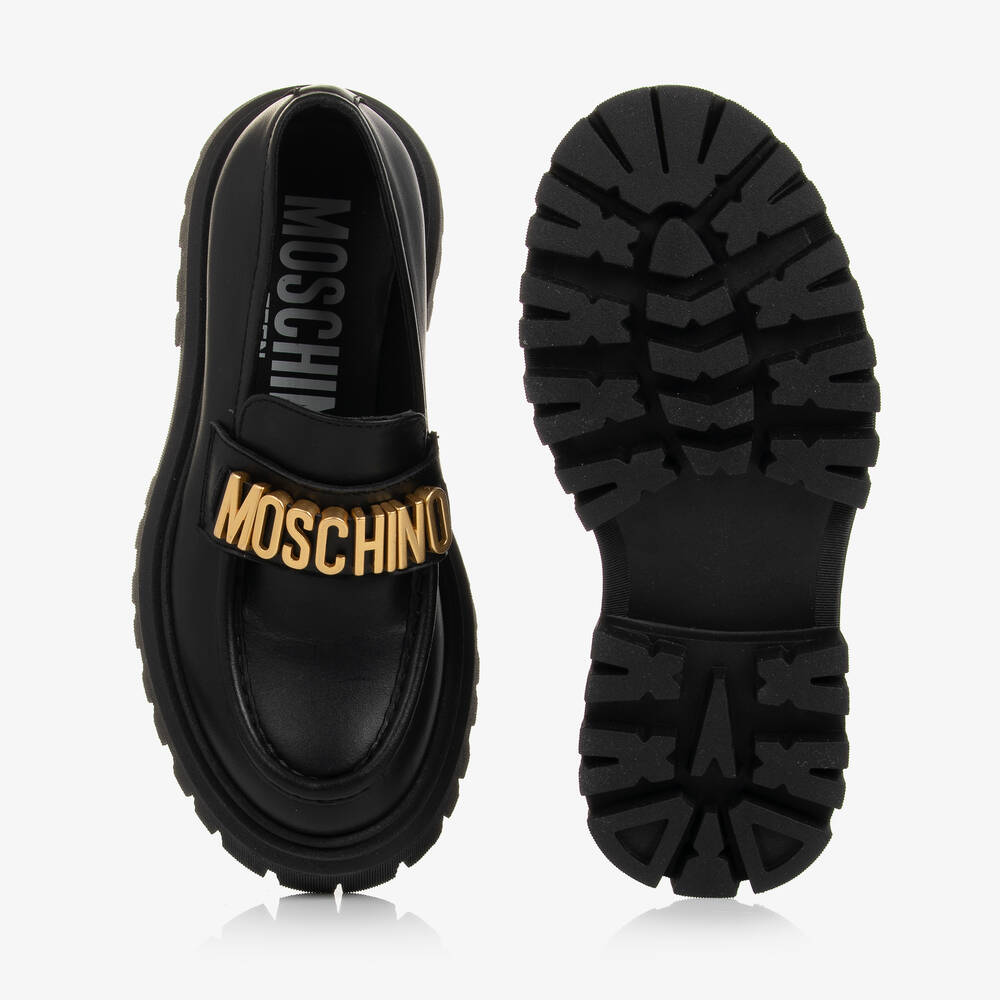 Moschino Kid-Teen-Teen Girls Black & Gold Leather Loafers | Childrensalon Outlet