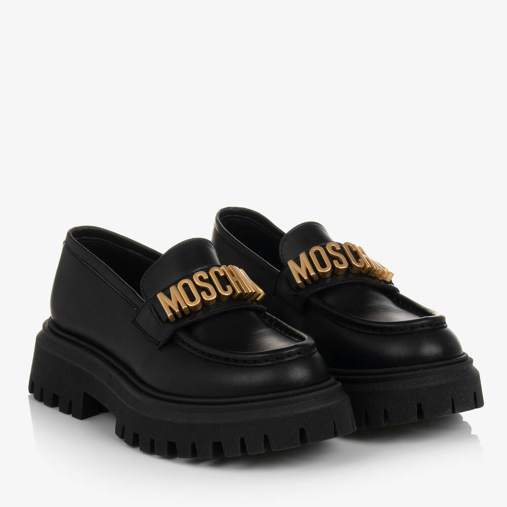 Moschino Kid-Teen - حذاء لوفرز جلد لون أسود وذهبي تينز بناتي | Childrensalon