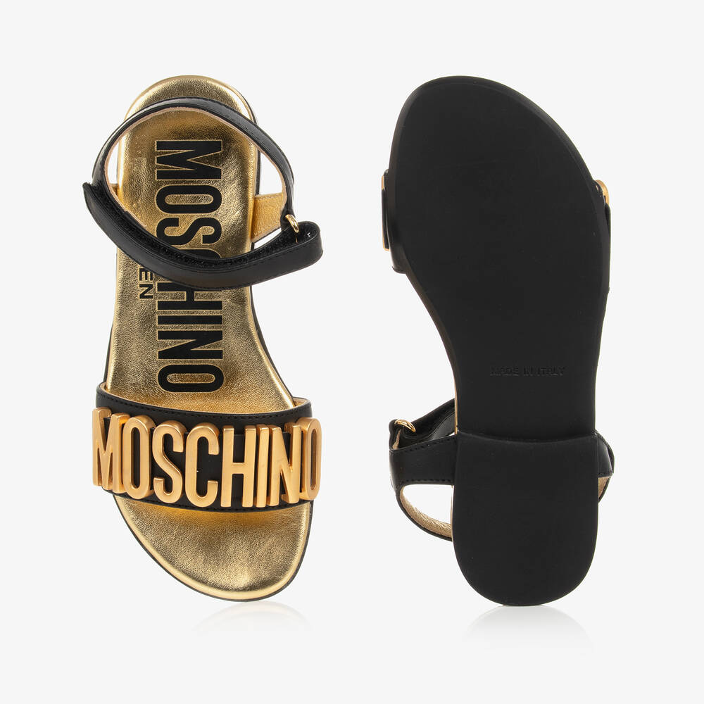 موسكينو Kid-Teen-صندل جلد لون أسود وذهبي للمراهقات | Childrensalon Outlet