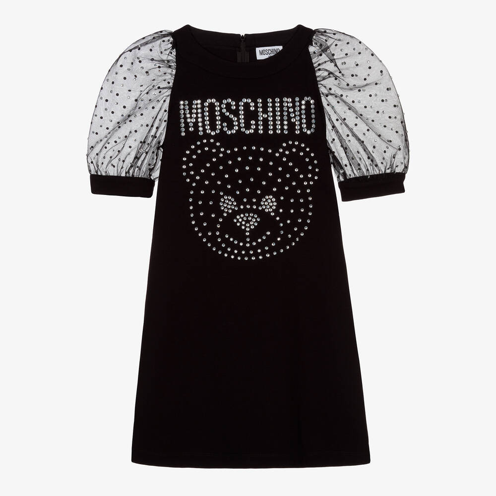 Moschino Kid-Teen - فستان تينز بناتي ميلانو جيرسي لون أسود | Childrensalon