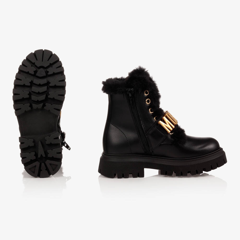 Moschino Кид-Тин-Черные кожаные ботинки для девочек-подростков | Childrensalon Outlet
