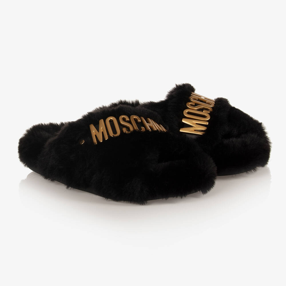 Moschino Kid-Teen - سليبرز تينز بناتي فرو صناعي لون أسود | Childrensalon