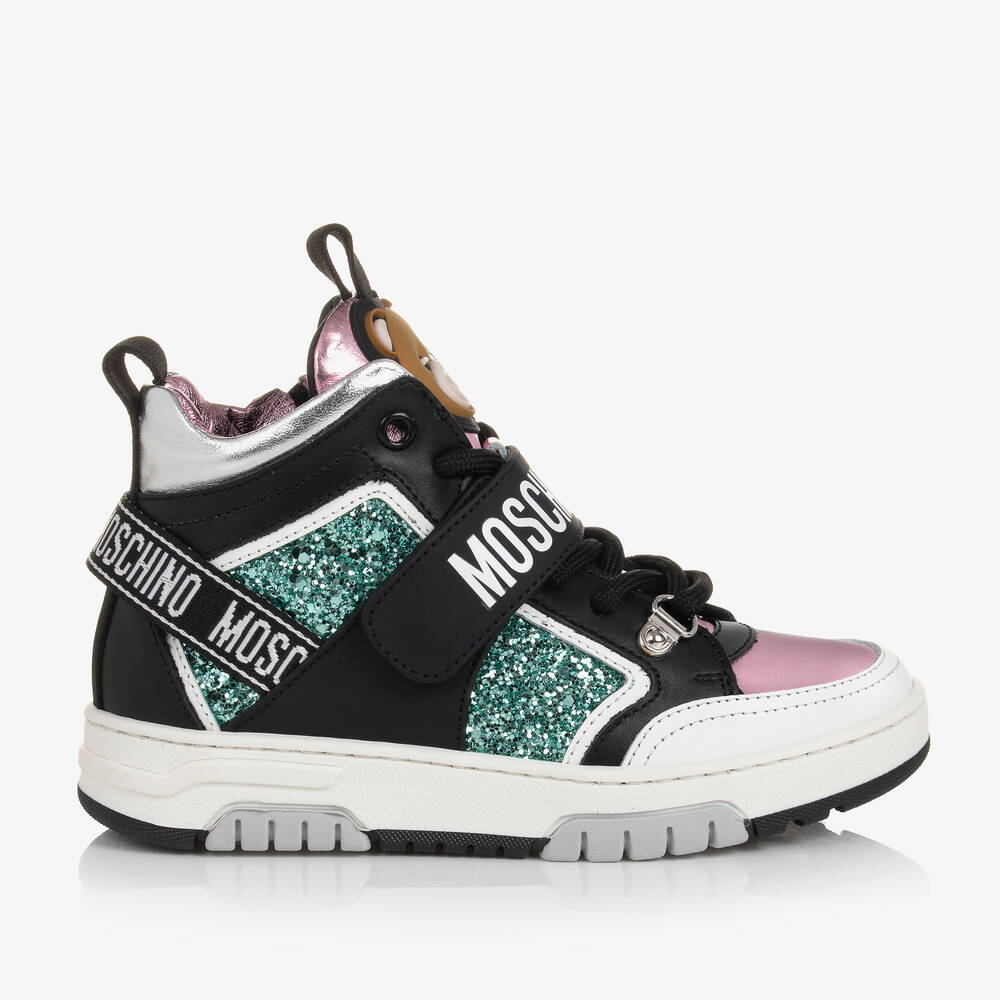 Moschino Kid-Teen-Teen Girls Black & Pink Leather Trainers | Childrensalon Outlet