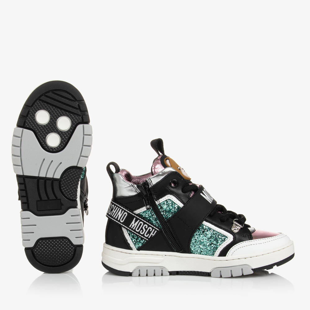 Moschino Kid-Teen-Teen Girls Black & Pink Leather Trainers | Childrensalon Outlet