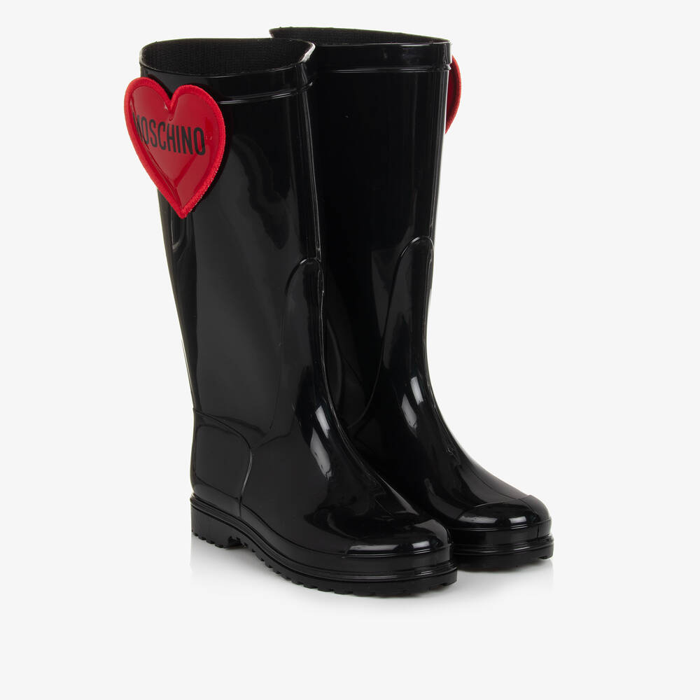 Teen Girls Black Red Heart Rain Boots