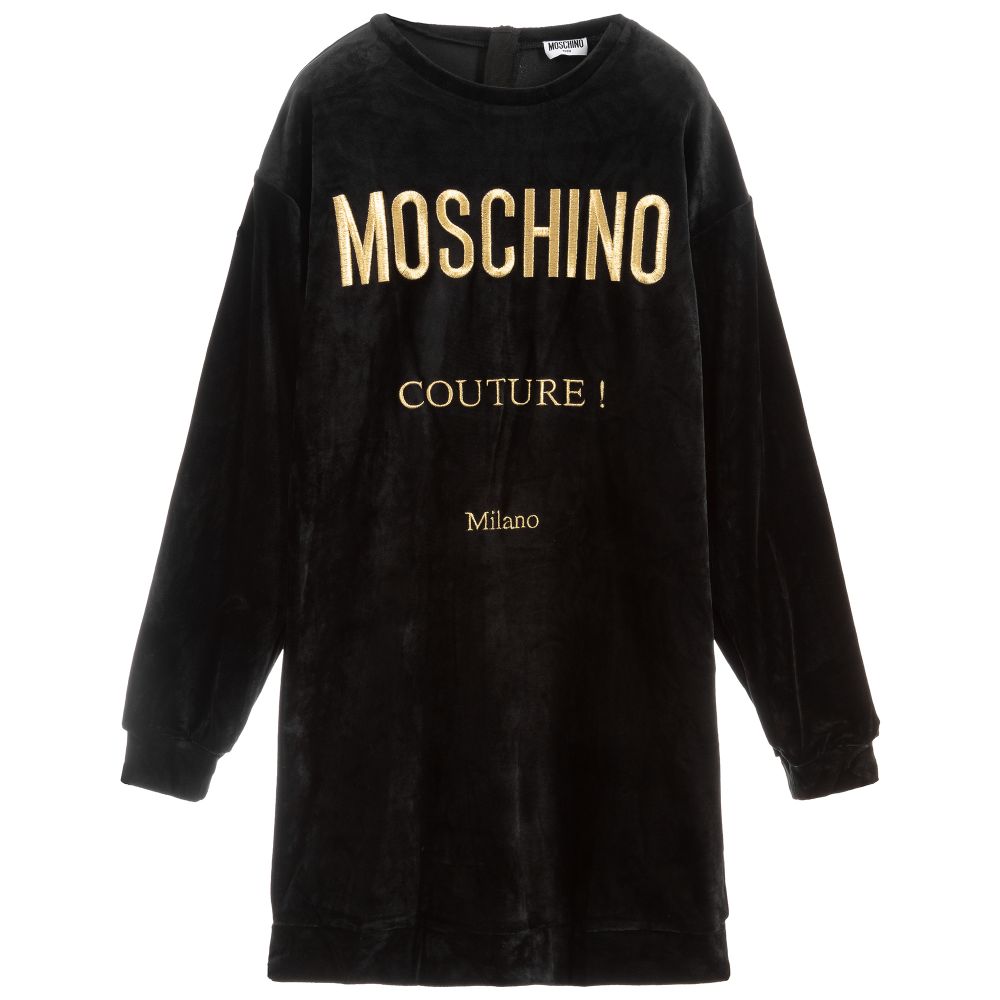 Moschino Kid-Teen - فستان قطيفة لون أسود وذهبي للمراهقات  | Childrensalon