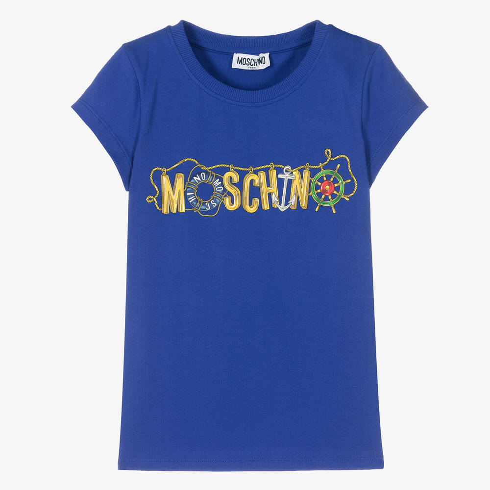 Moschino Kid-Teen - Blaues Teen T-Shirt mit Marineprint | Childrensalon