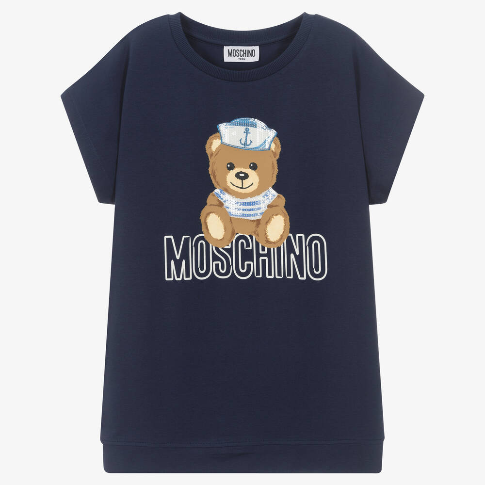 Moschino Kid-Teen - Синяя футболка макси с медвежонком из пайеток | Childrensalon