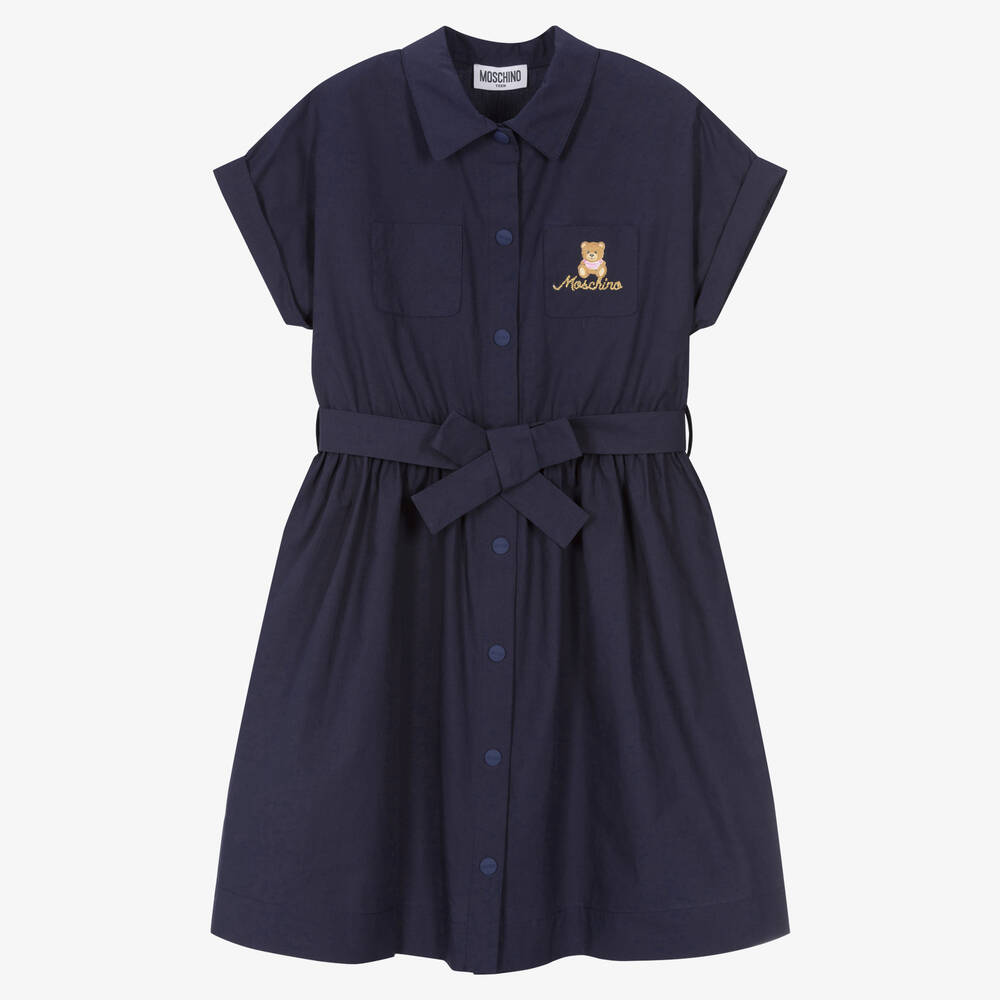Moschino Кид-Тин-Синее платье-рубашка с медвежонком | Childrensalon Outlet