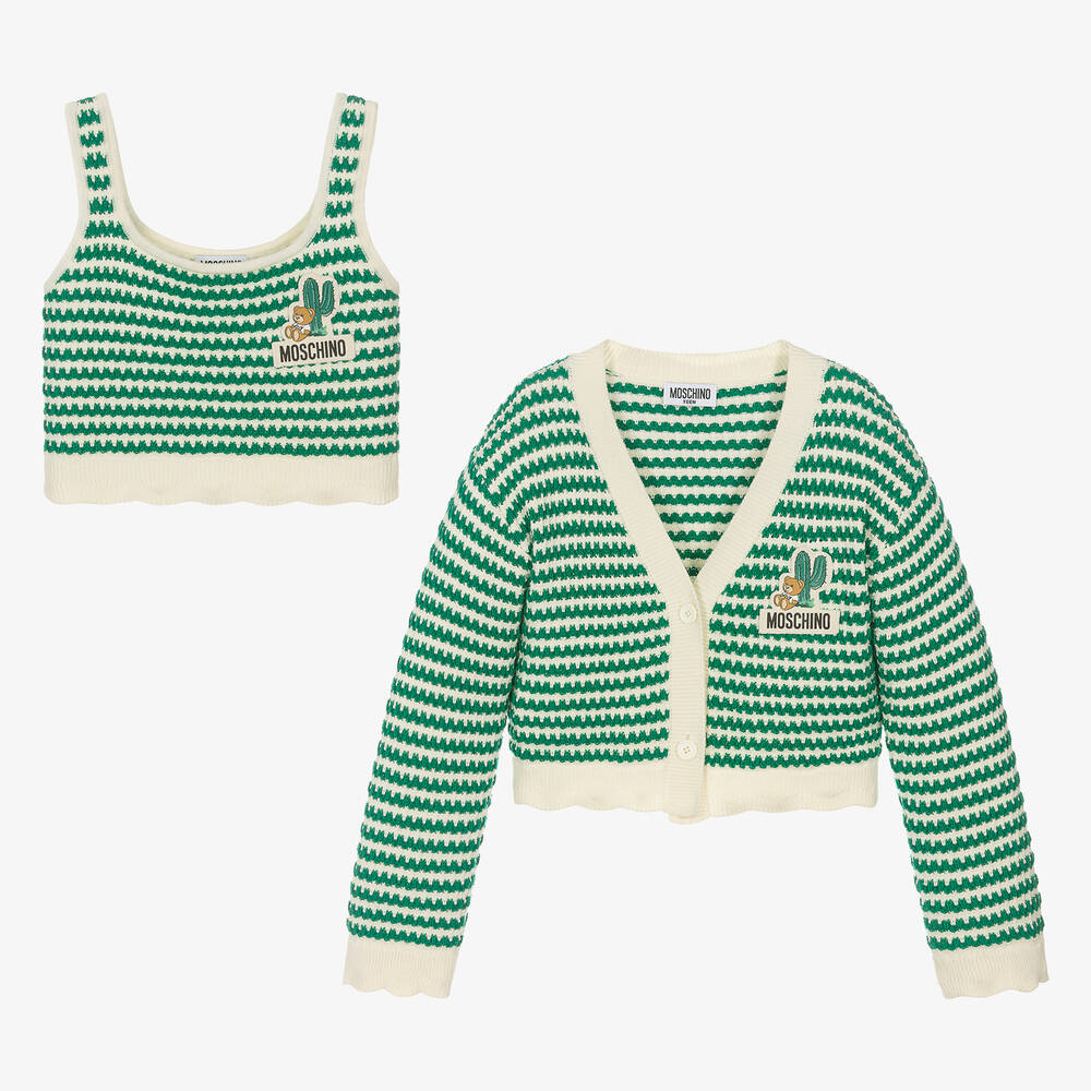 Moschino Kid-Teen - Teen Girls Green Cotton Knit Cardigan Set ...