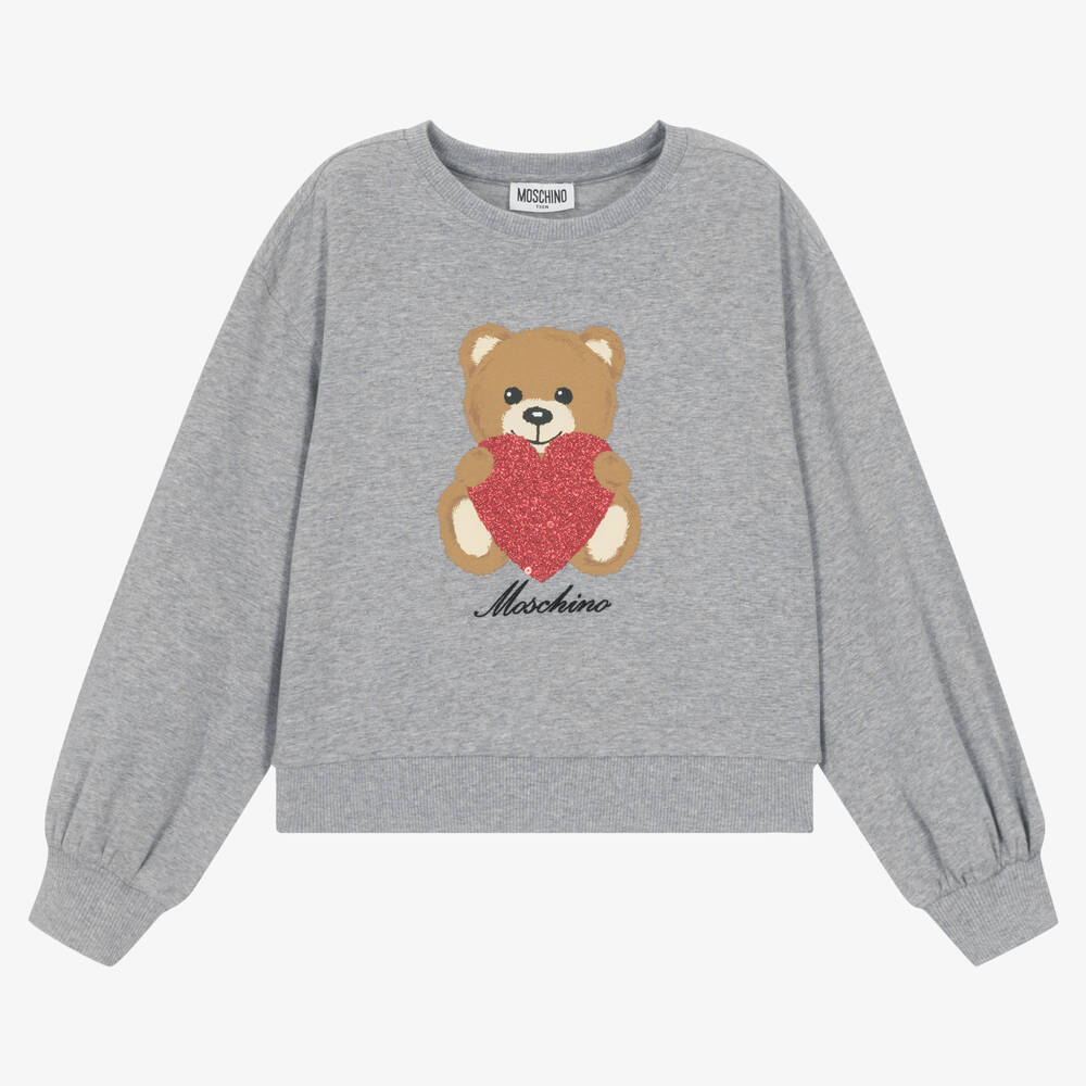 Moschino Kid-Teen - Teen Girls Grey Heart Teddy Sweatshirt | Childrensalon