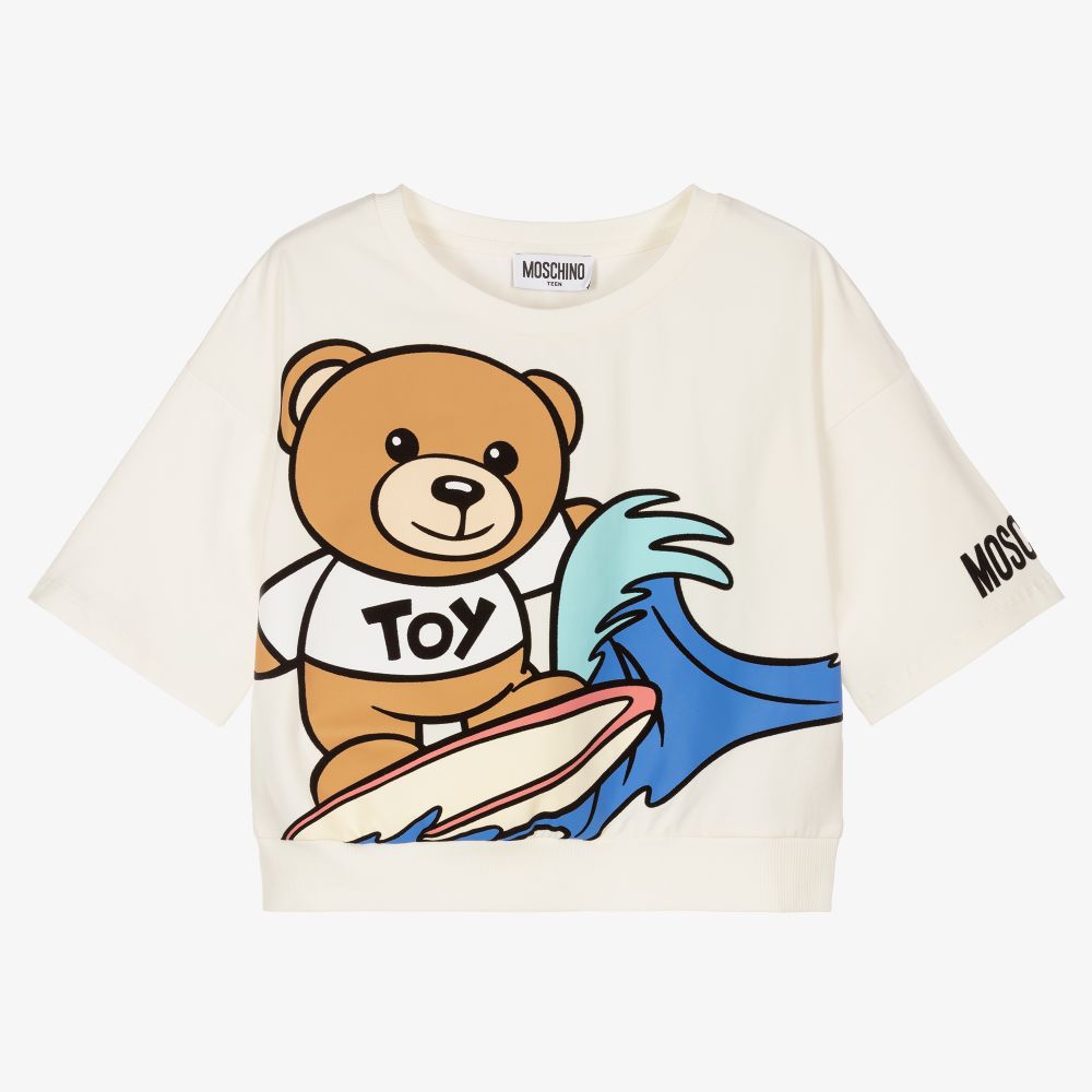 Moschino Kid-Teen - Кремовая футболка с медвежонком для девочек-подростков | Childrensalon
