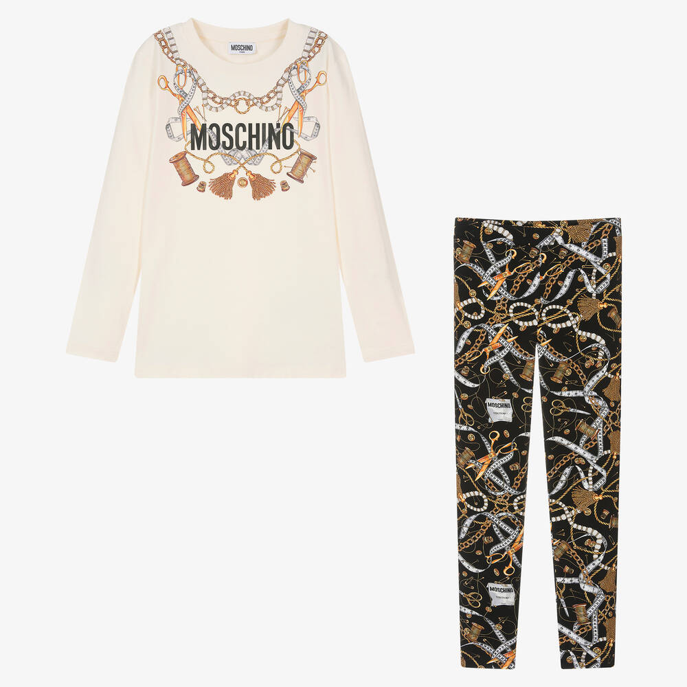 Moschino Kid-Teen - طقم ليقنز  قطن جيرسي لون عاجي وأسود للمراهقات | Childrensalon