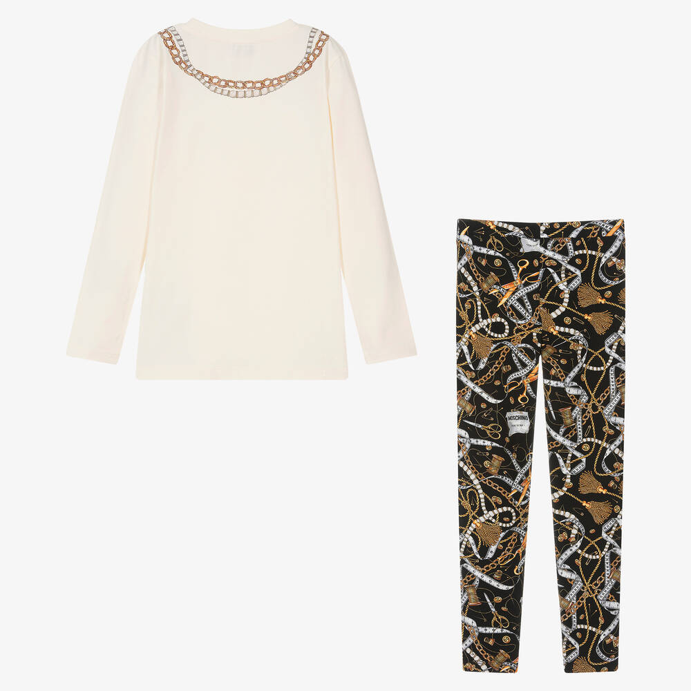 Moschino Кид-Тин-Кремовый топ и черные легинсы из хлопка | Childrensalon Outlet