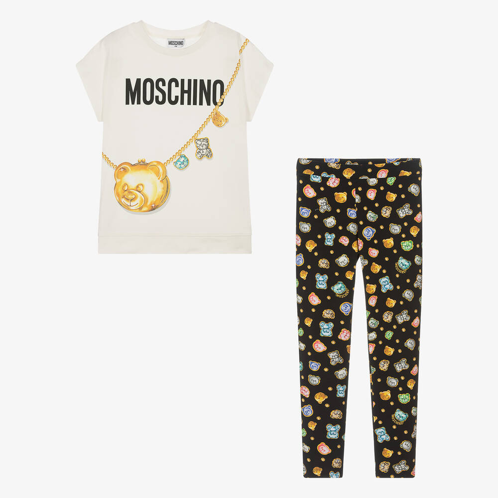Moschino Kid-Teen-طقم ليغنغز قطن جيرسي لون عاجي وأسود للمراهقات | Childrensalon Outlet