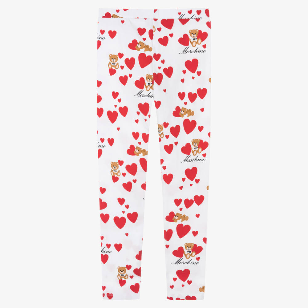 Moschino Kid-Teen-Teen Girls Ivory Cotton Heart & Teddy Leggings | Childrensalon Outlet