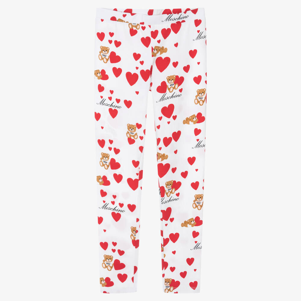 Moschino Kid-Teen-Teen Girls Ivory Cotton Heart & Teddy Leggings | Childrensalon Outlet