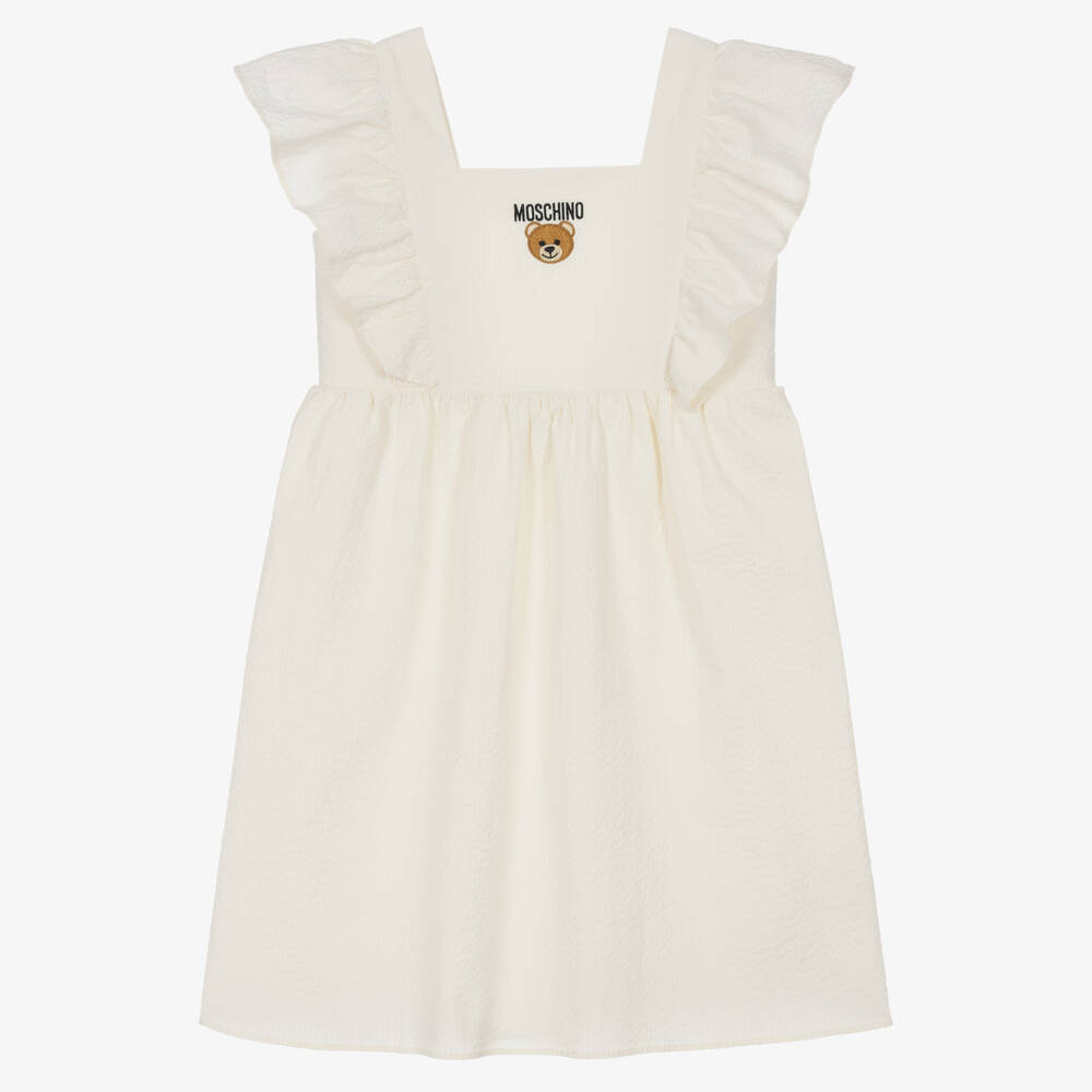 Moschino Kid-Teen-Teen Girls Ivory Cotton Logo Dress | Childrensalon Outlet