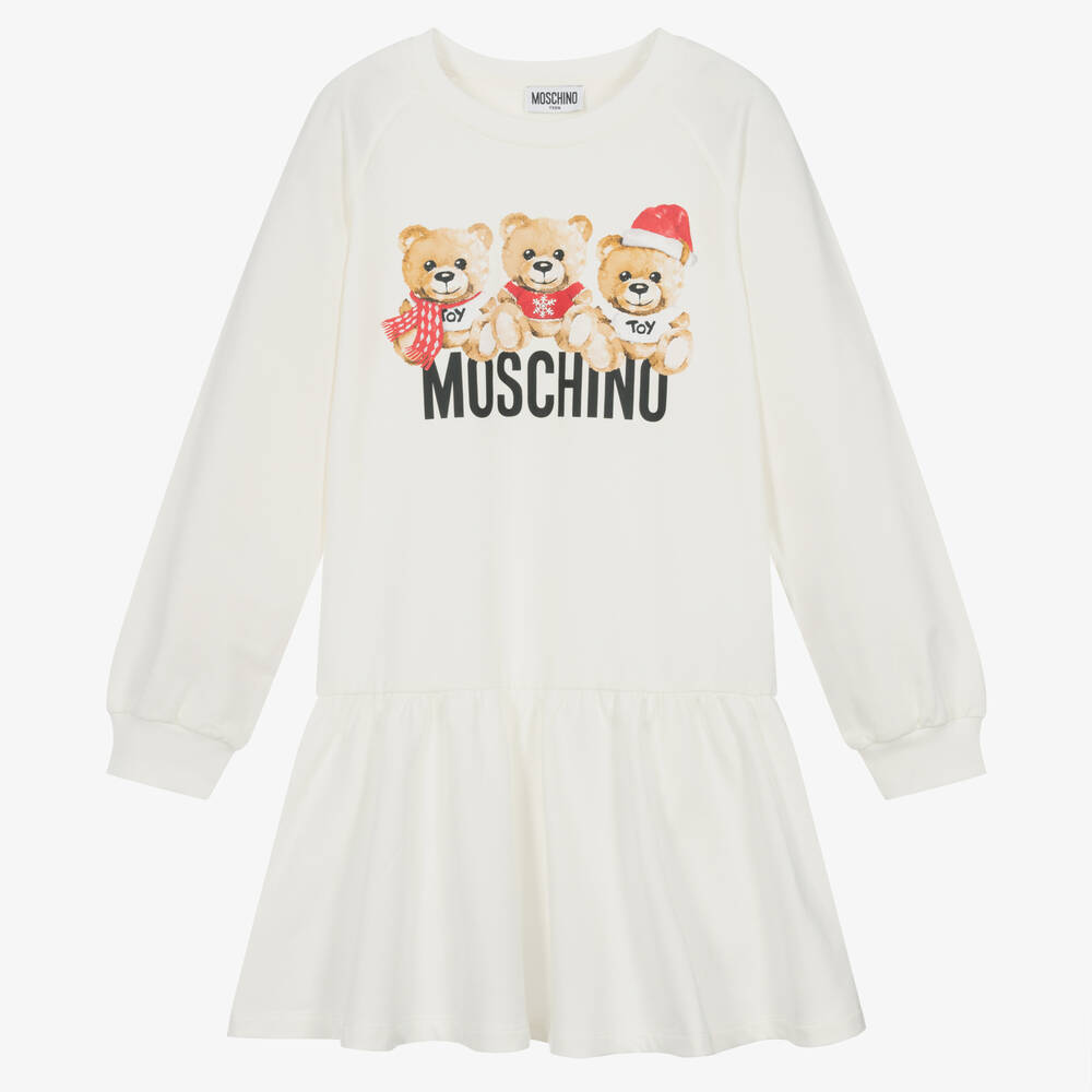 Moschino Kid-Teen - Кремовое хлопковое платье с медвежатами | Childrensalon