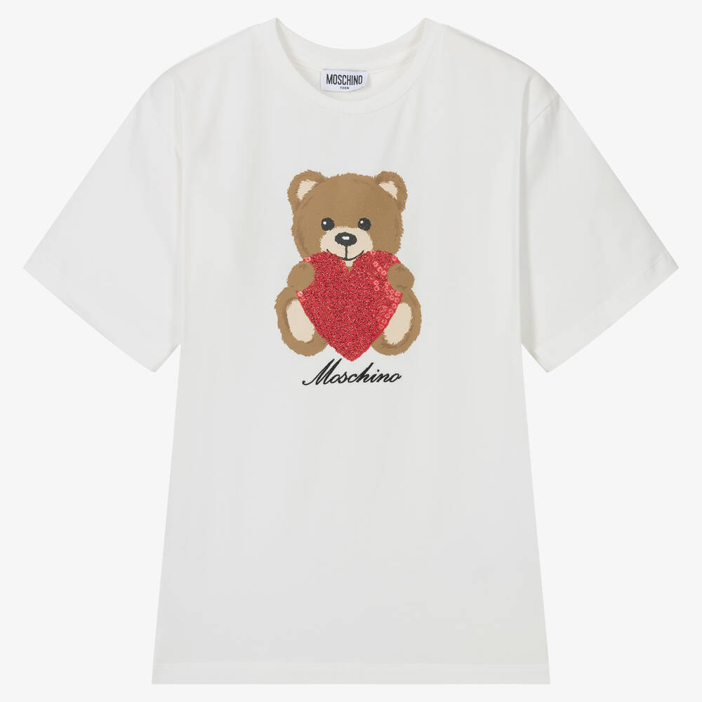 Moschino Kid-Teen - Кремовая хлопковая футболка с медвежонком | Childrensalon