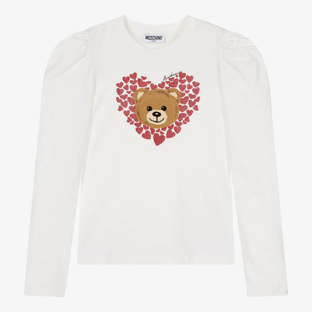 Moschino Kid-Teen-توب قطن جيرسي لون عاجي بطبعة تيدي بير | Childrensalon Outlet
